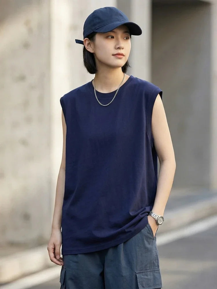 Solid Color Ribbed Cuff Women's Tank Top 2026 Summer Cotton O-Neck