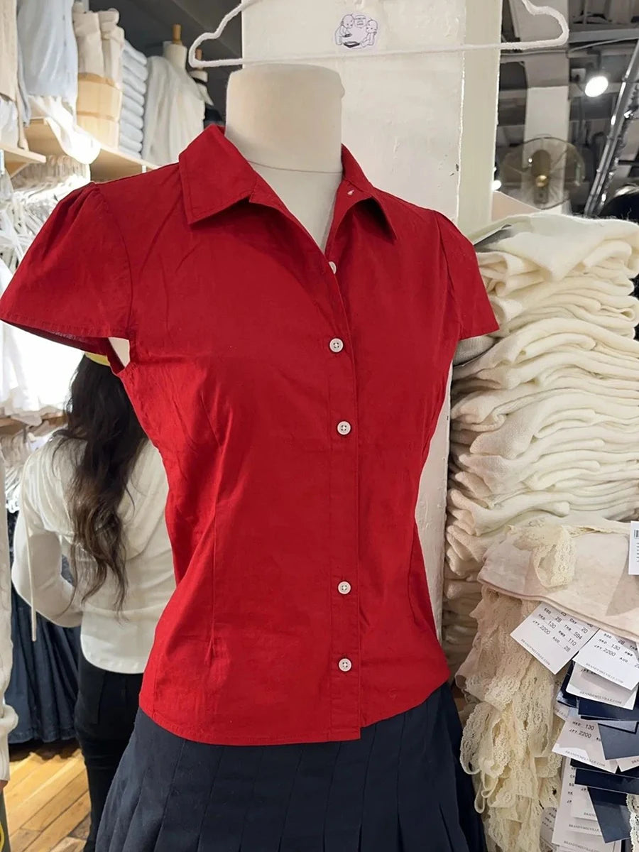 Red Basic Slim T-Shirt Blouse Woman Summer Turn Down Collar Single