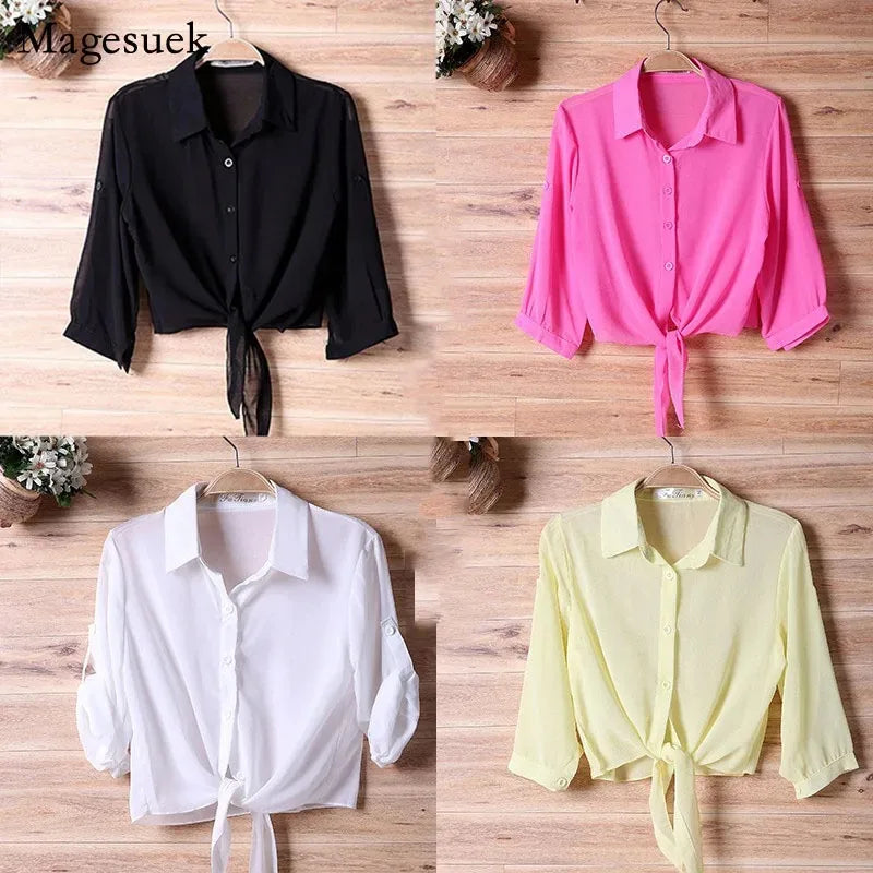Thin Short Sleeve Chiffon Blouse for Women Casual Button Up Shirts