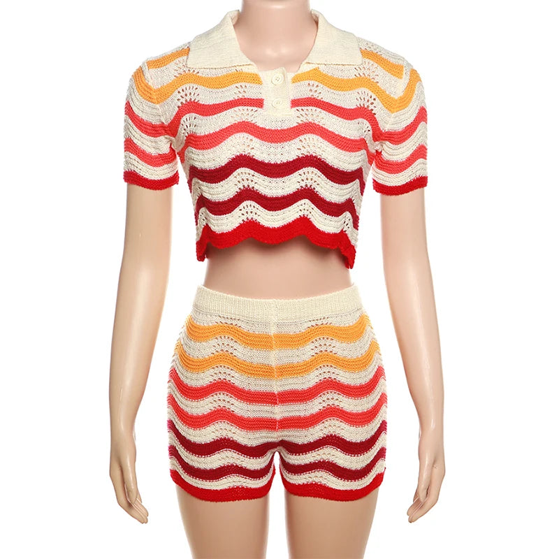 Women Wave Print 2 Piece Set Colorful Knit Stretch Thin Button Crop