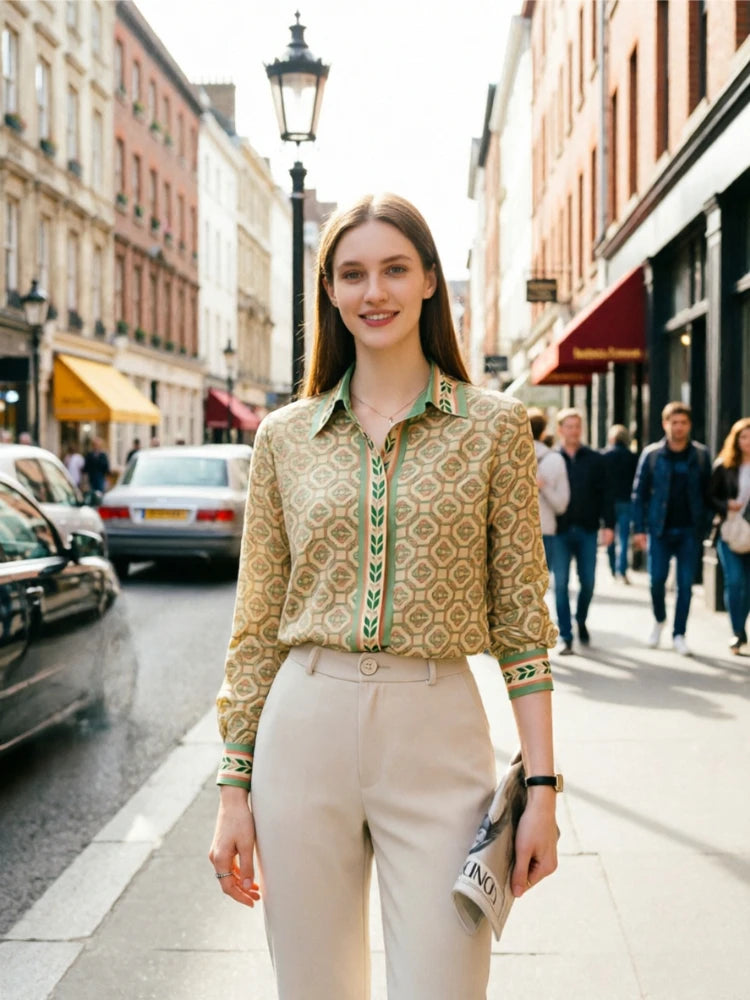 New Elegant Office Ladies Shirts Fashion Printed Women Blouses Long