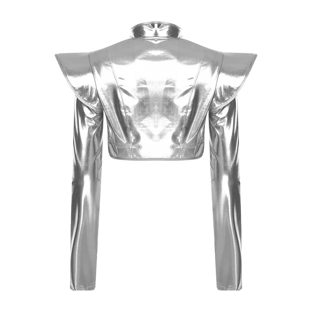 Womens Metallic Disco Jazz dance Crop Jacket Long Sleeve Structured