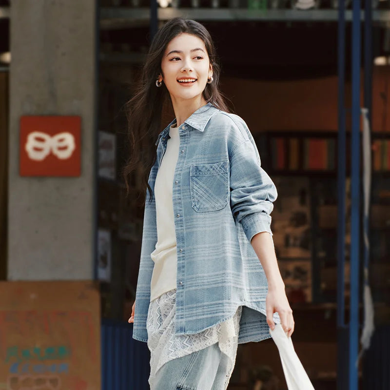 Semir Denim Shirt Women Oversize Spring 2025 New Spring Checkered