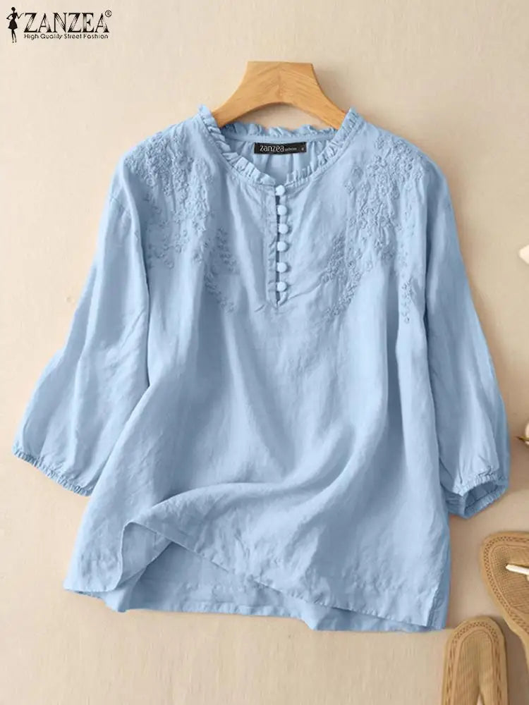 ZANZEA Summer Vintage Shirts Elegant OL Work Blouse Women 3/4 O Neck