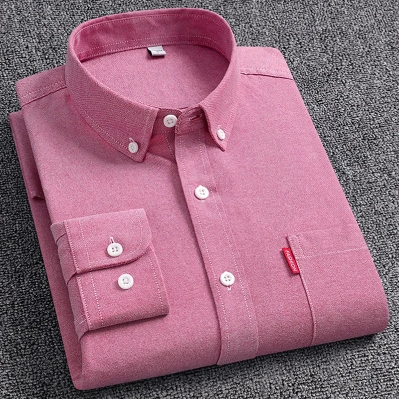 5XL Men's Oxford Long Sleeve Shirts 100% Cotton Solid Color Turn Down