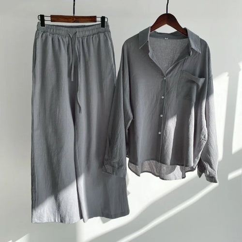 Large Size Two-piece Suit Women Cotton Linen Sets Long-sleeved Blouse