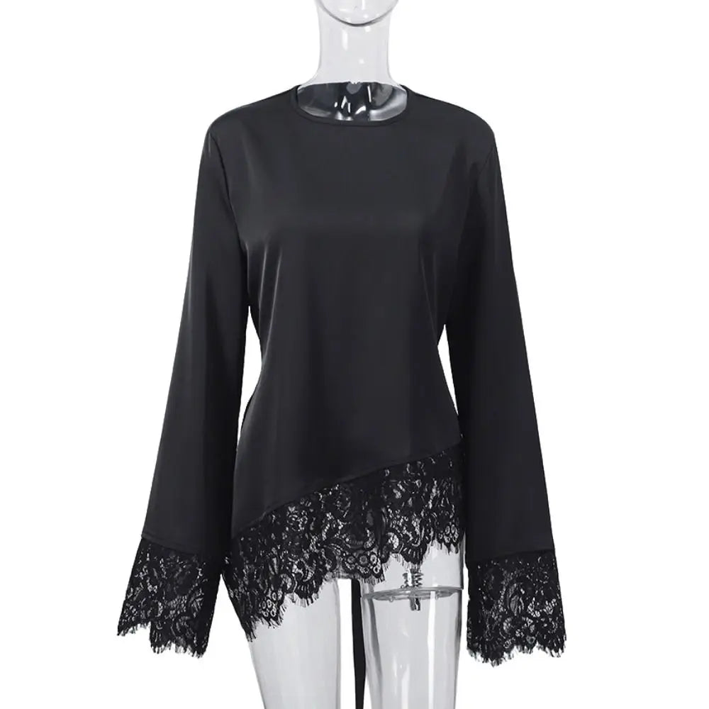 Belted Waist Lace Patchwork Top Flare Sleeve Solid Color Lace-up Top