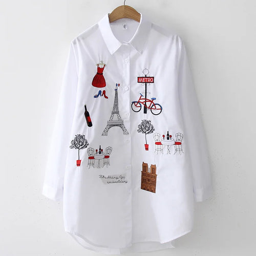 2024 New White Shirt Casual Button Up Turn Down Collar Female Blouse