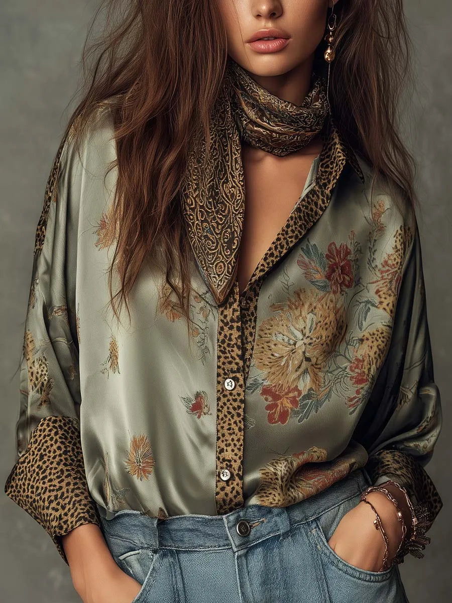 Retro Floral Print Loose Blouse Women Leopard Splice Lapel Button Long