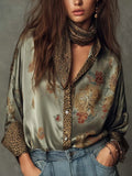Retro Floral Print Loose Blouse Women Leopard Splice Lapel Button Long