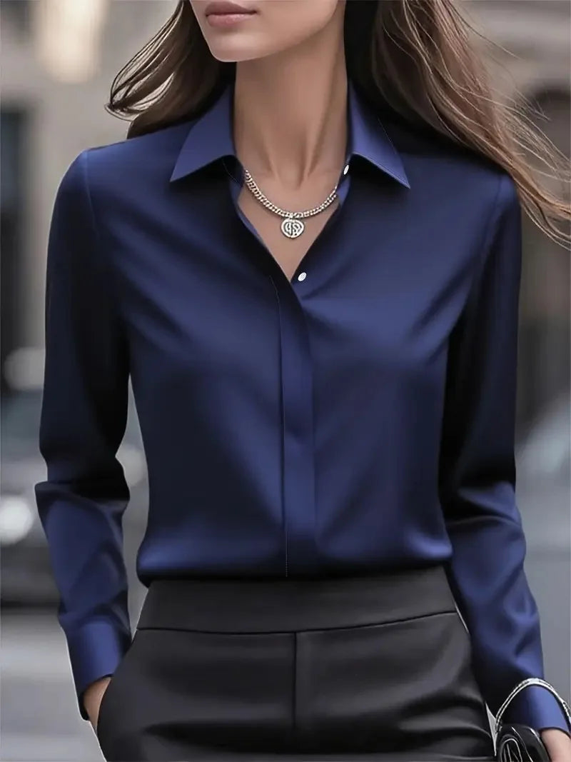 2025 New Women's Long-sleeved Shirt 10 Color Lapel Satin Button