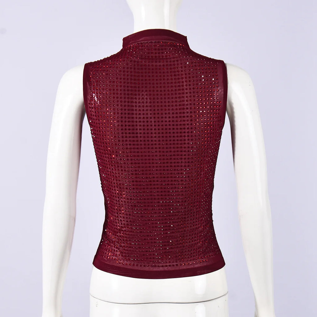 Women Y2K Mesh Hot-fix Rhinestone Tank Tops Turtle Neck Sleeveless