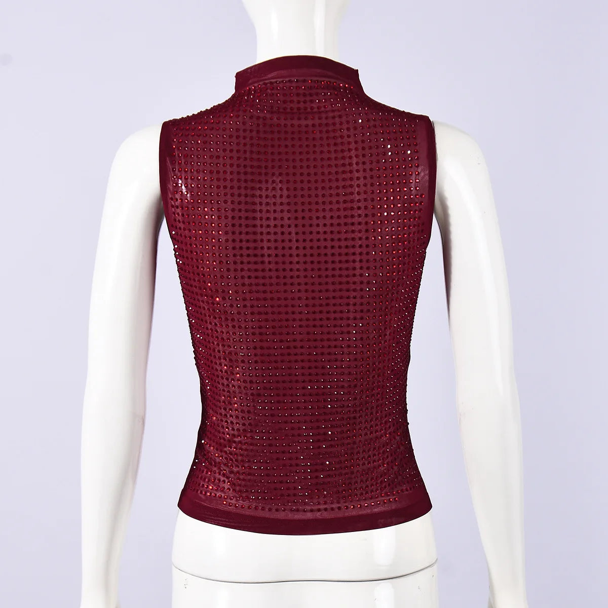 Women Y2K Mesh Hot-fix Rhinestone Tank Tops Turtle Neck Sleeveless