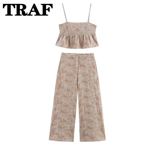 Women Two Pieces Pants Sets 2026 New Fashion Embroidery Crop Top +