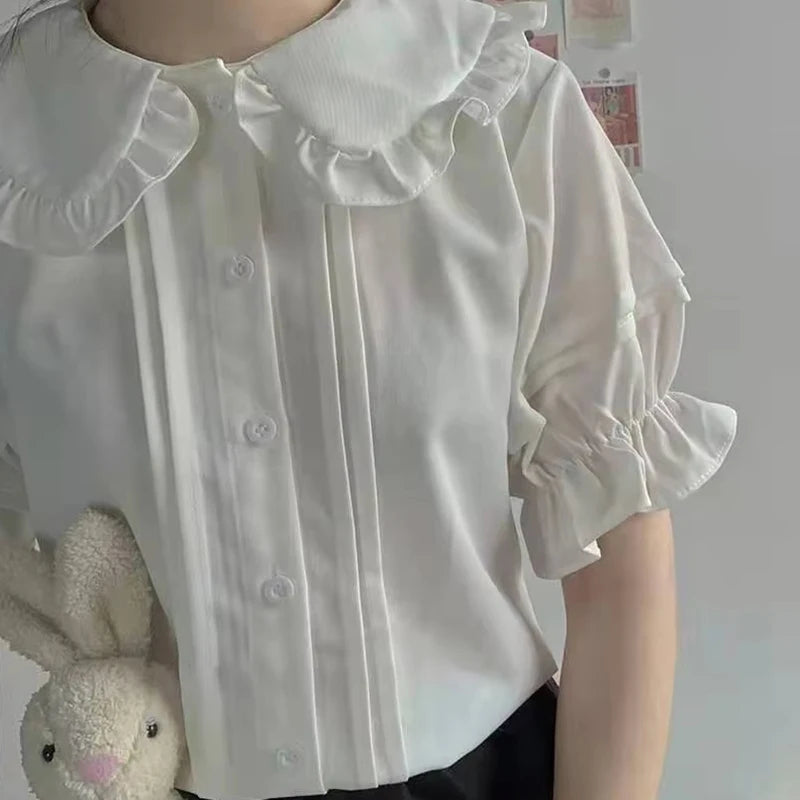 Zoki Japanese Sweet Women Blouses Lolita Style White Kawaii Peter Pan