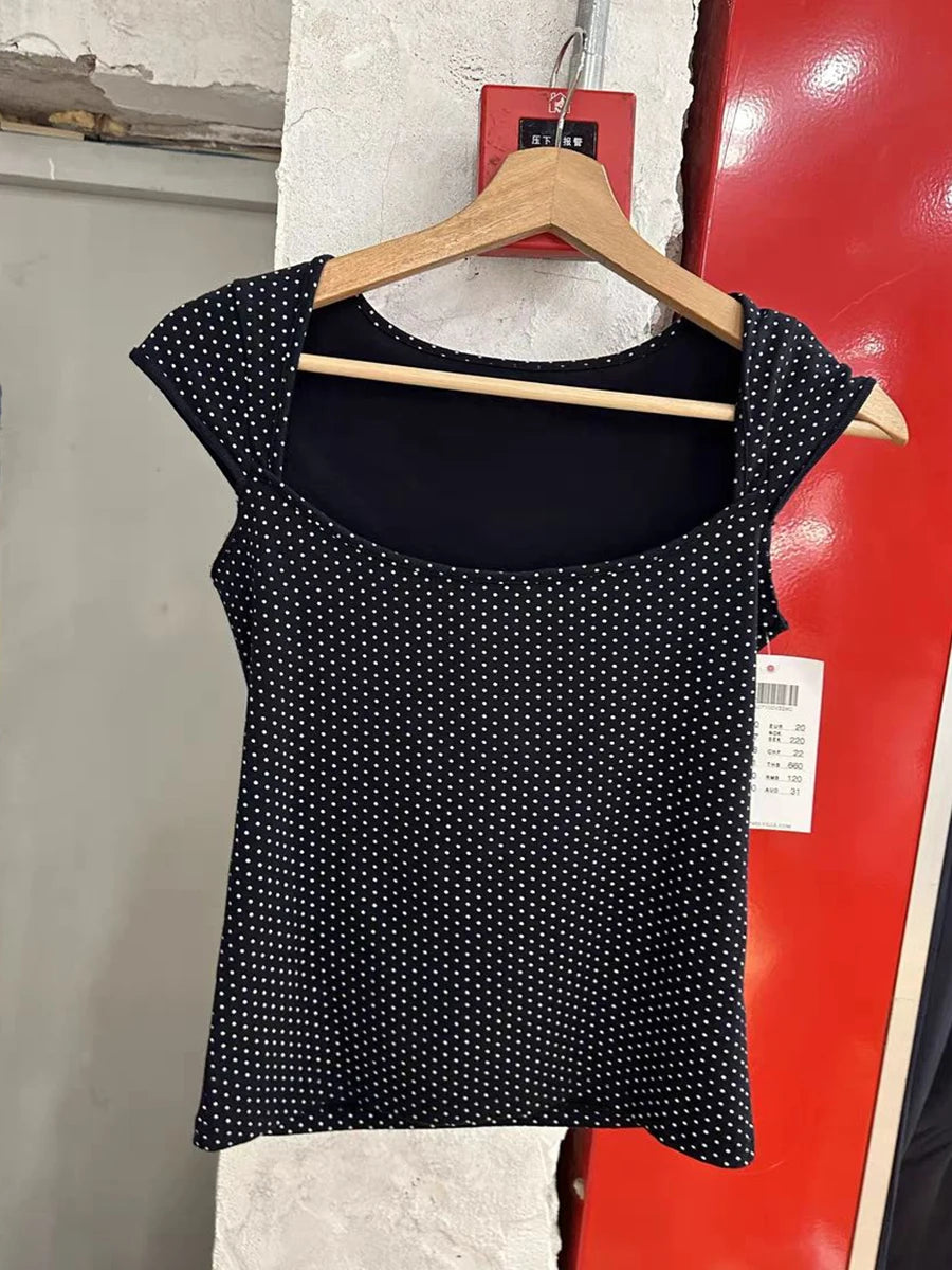 Dot Sleeveless Black Slim T-shirt Woman Summer Sexy Square Collar