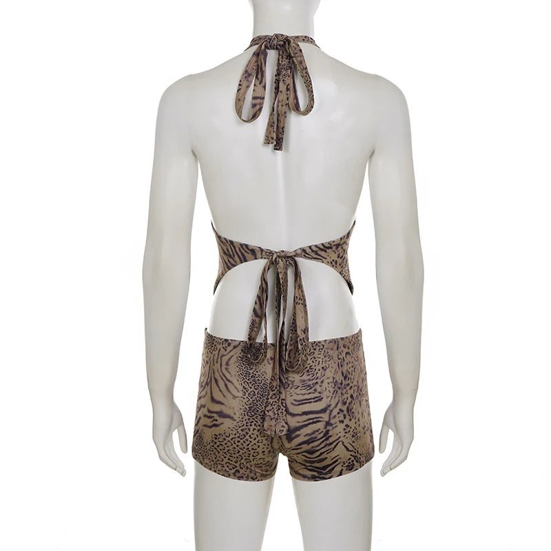 SUCHCUTE Woman Leopard Print 2 Piece Set Outfit Halter Deep V-neck