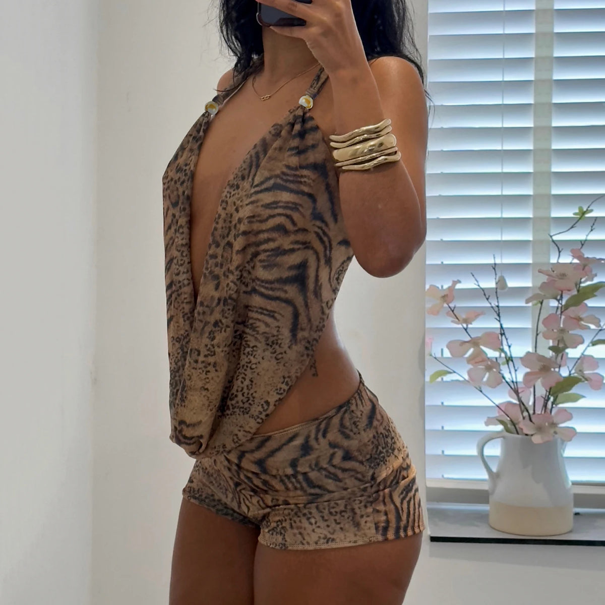 SUCHCUTE Woman Leopard Print 2 Piece Set Outfit Halter Deep V-neck