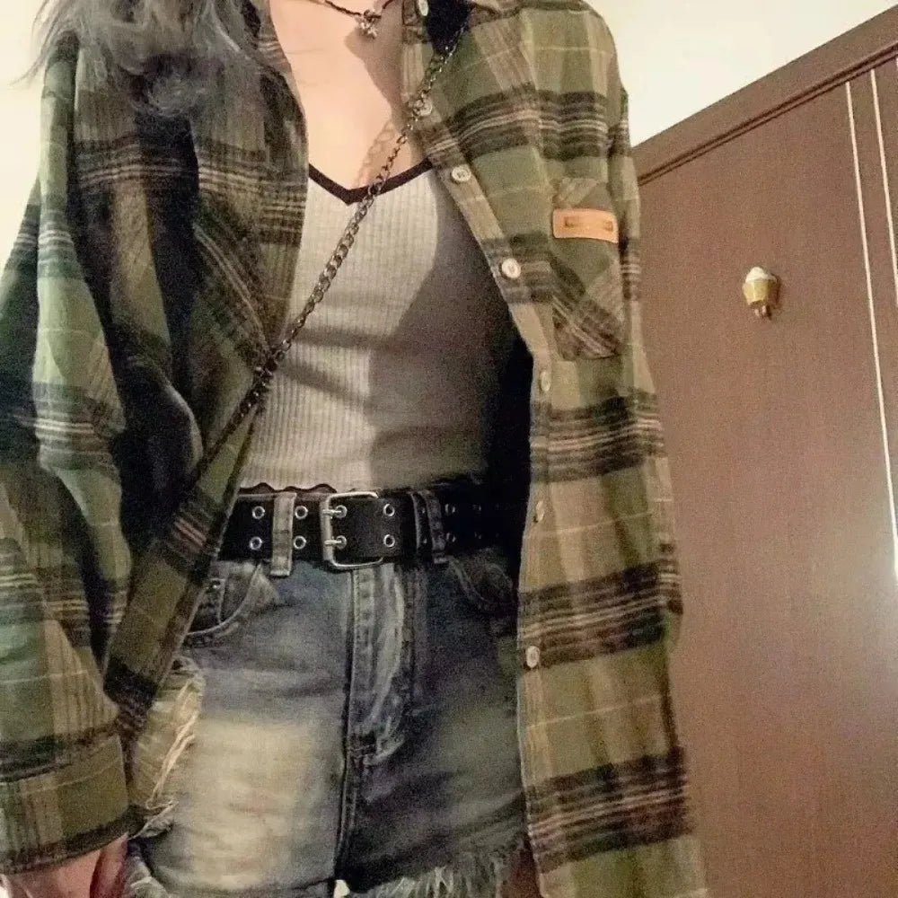 Vintage Dark Green Plaid Shirt Women Long Sleeve Oversized American