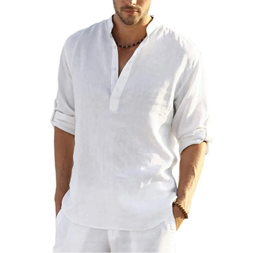 2022 New Men's Casual Blouse Cotton Linen Shirt Loose Tops Long Sleeve