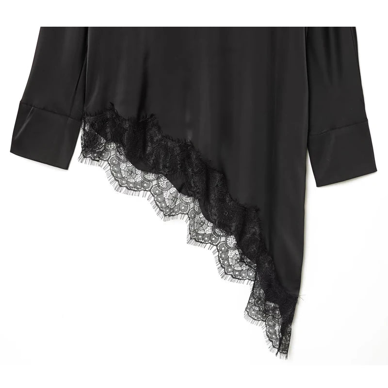 HXAO Women's Lace Blouse Asymmetric Long Black Blouse Woman Spring