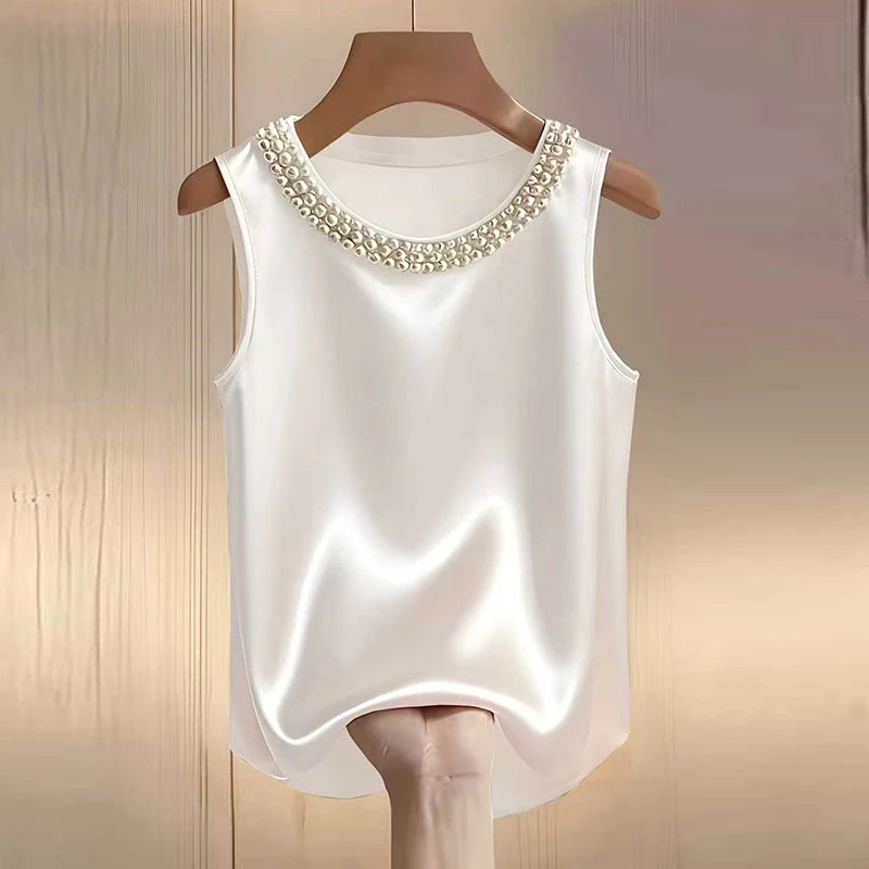 Elegant Satin Shirt Women Summer Bead Design Silk Blouse Women