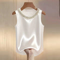 Elegant Satin Shirt Women Summer Bead Design Silk Blouse Women