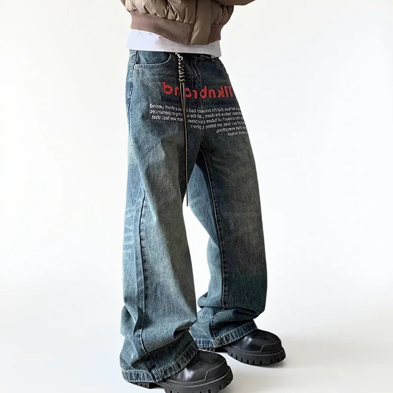 Korean Version Retro Letter Printed Jeans For Men Loose Straight Leg