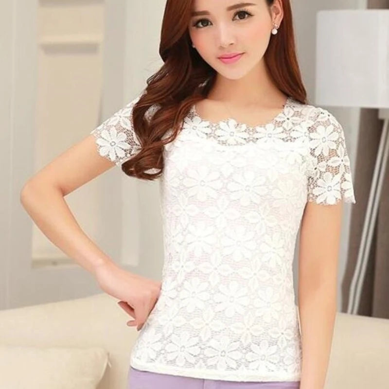 Plus Size Women  Lace  Blouse Shirt Casual Solid Hollow Women Clothing