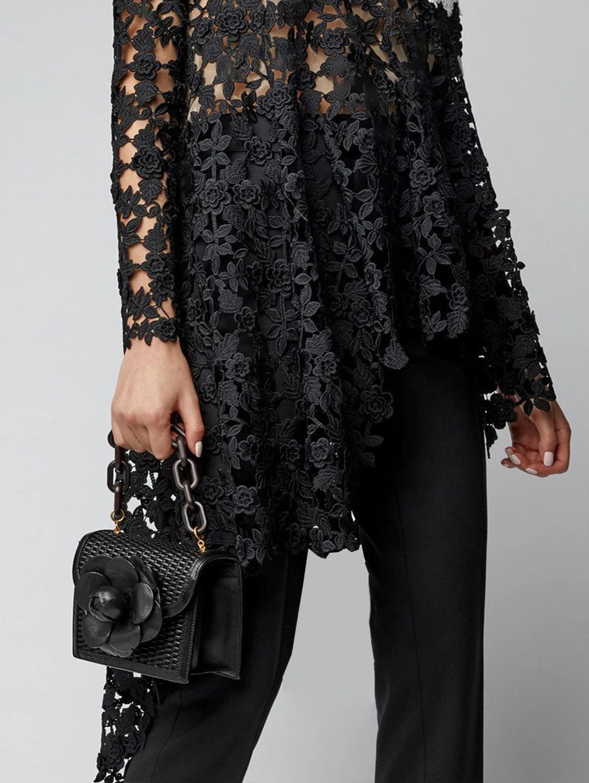 Asymmetrical Top Women Lace Hollow Out Shirt Long Sleeve Irregular