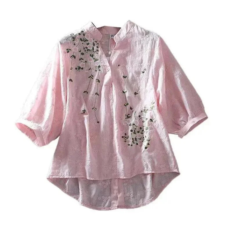 Literary Cotton Shirts For Women Embroidery Flowers Woman Blouses