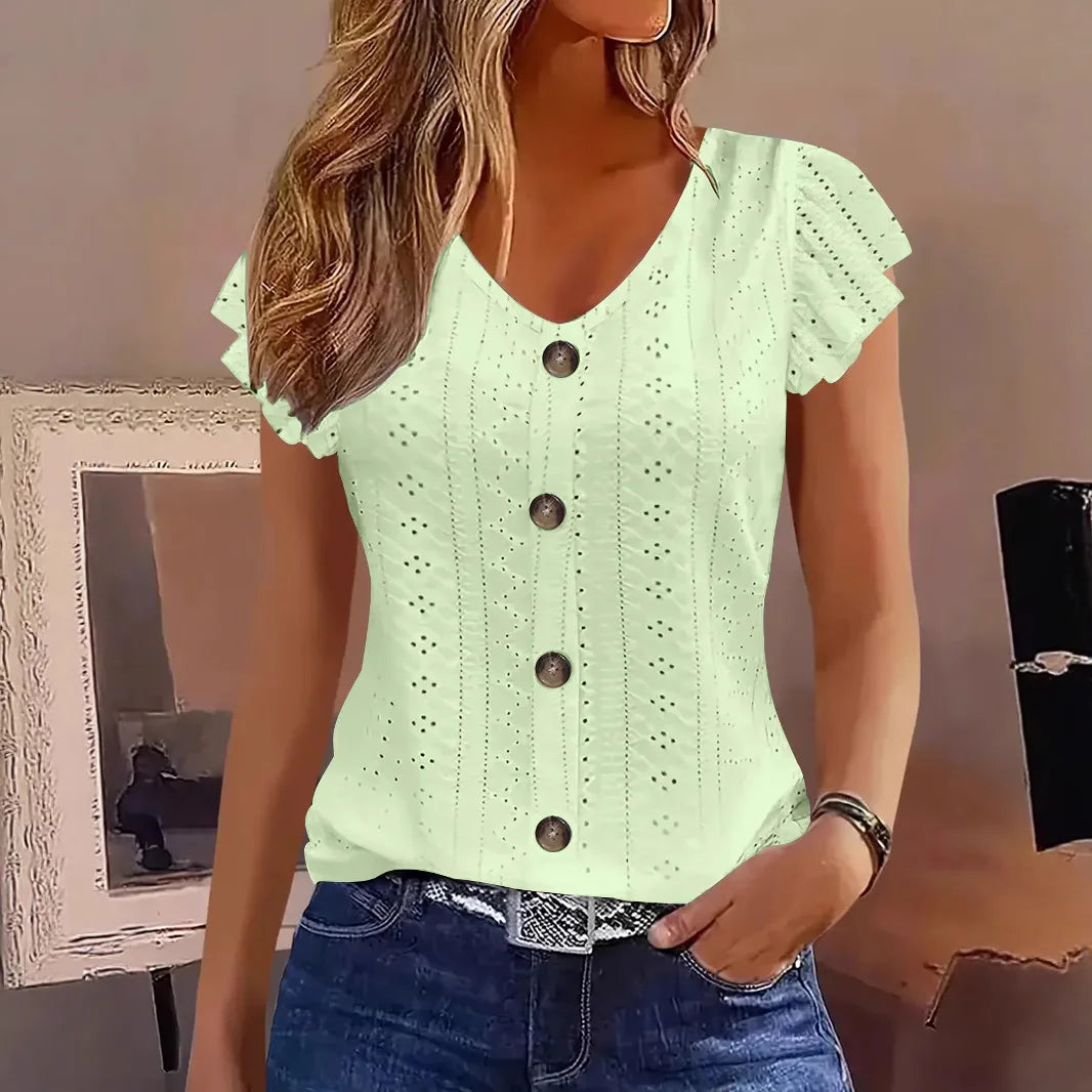 2025 Women's Sexy Tops Casual Solid Color V Neck Short Sleeve Shirts