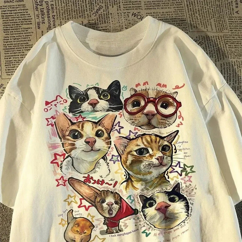 American Retro Fun Cartoon Cat Print Short-sleeved T-shirt Women's