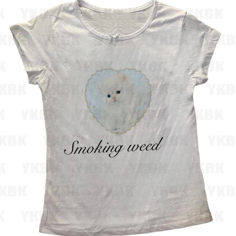 Y2k T-shir Kitty Cat Print Women Clothing Gothic Emo Cropped Harajuku