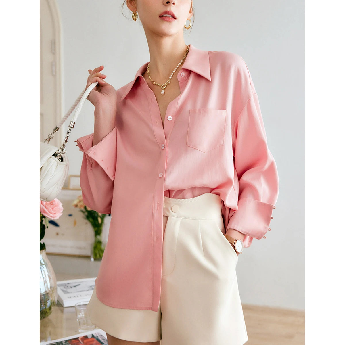 OLrain Long Sleeve Pink Shirt Woman French Style 2026 Spring Autumn