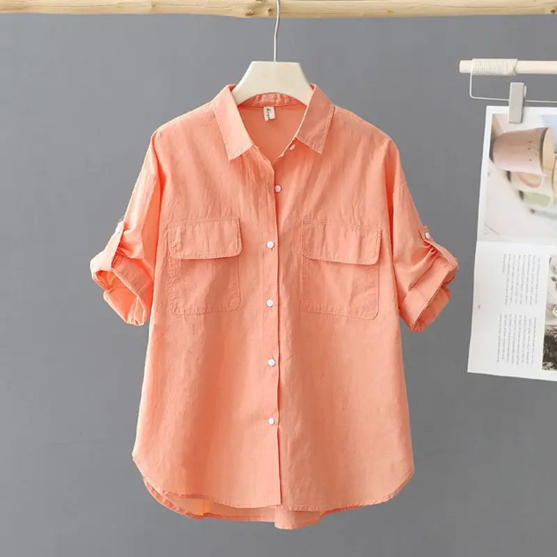 Turn-down Neck Pink Solid Short Sleeved Loose Shirt And Blouse Clothes