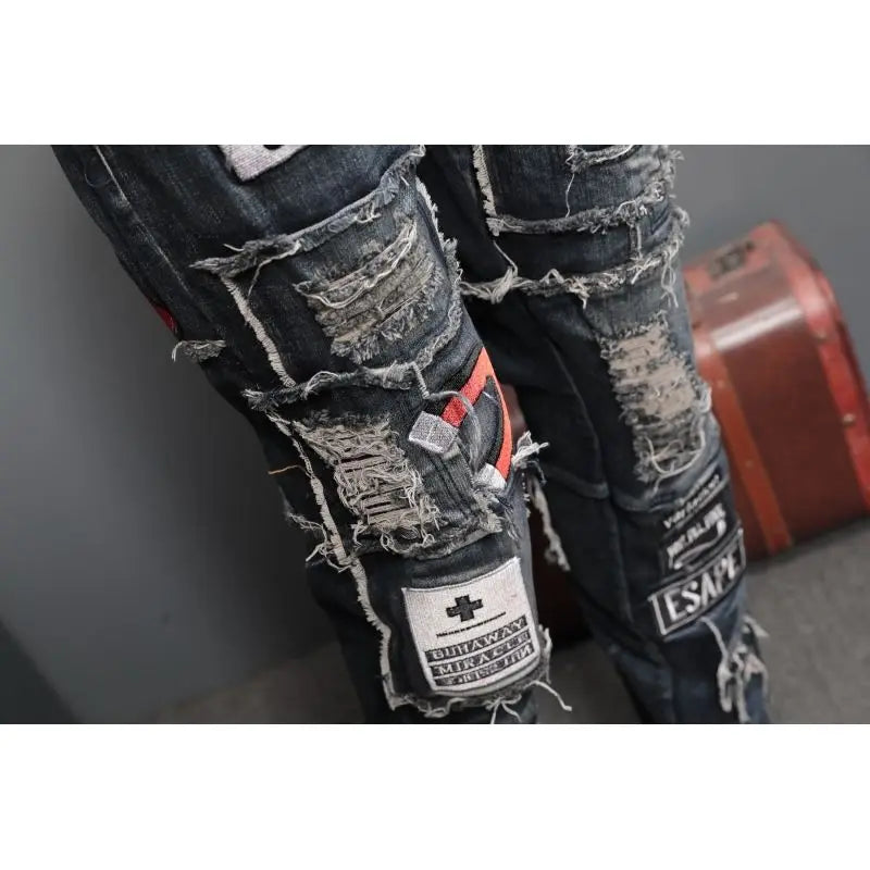 Spring and Autumn New Broken Hole Patch Embroidered Emblem Jeans Men's