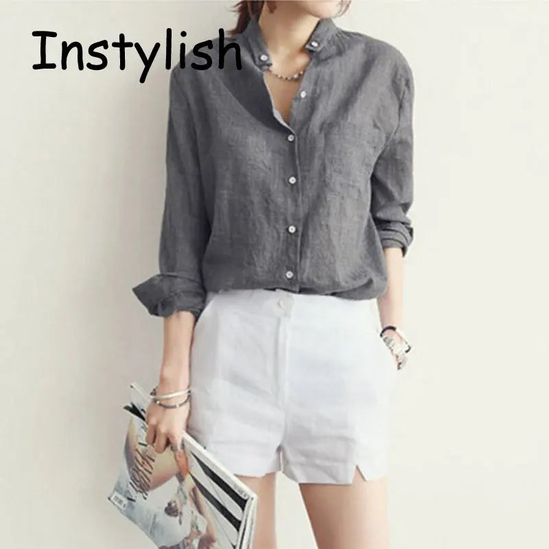 Women Autumn Korean Harjauku Solid Cotton and Linen Blouse Vintage