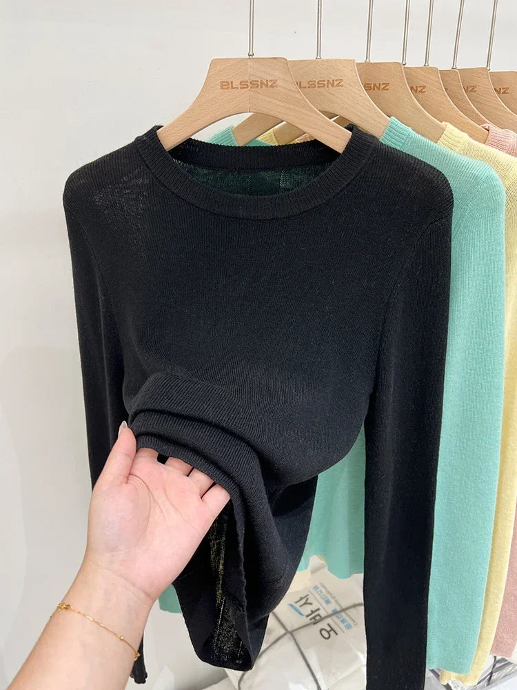 Spring  Basic O-Neck Slim T-Shirt Women Solid Multi Color All-Match