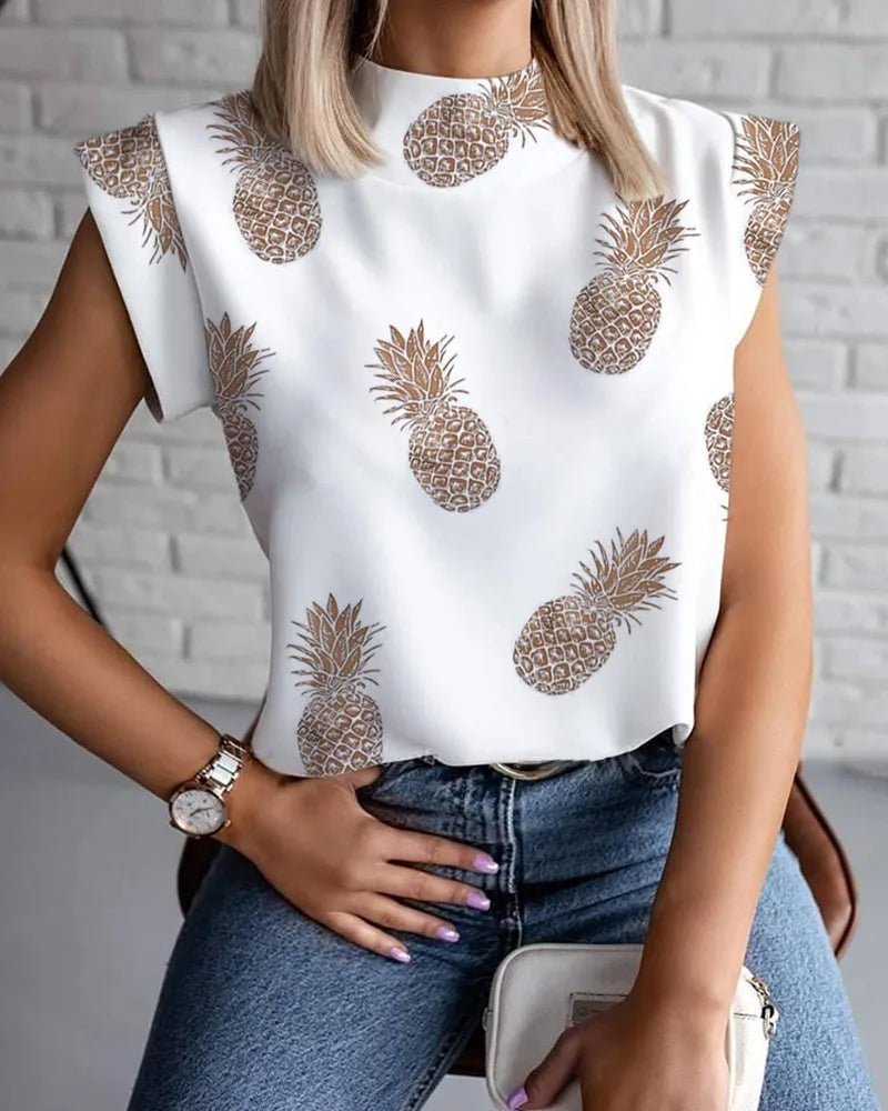 Women's Abstract Face Print Sleeveless Stand Collar Blouse with Button