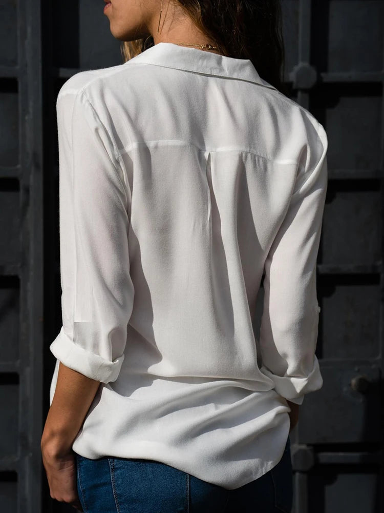 Women Elegant Solid Chiffon Blouse Spring Summer Casual Long Sleeve V