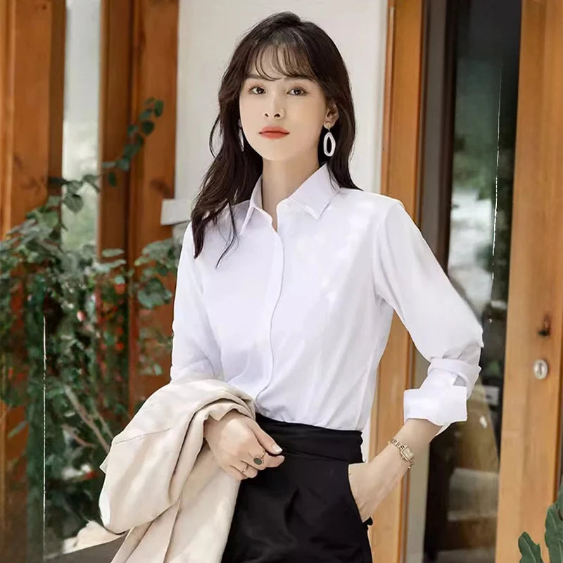 Professional White Shirt Women Office Lady Slim Fit Formal Blouse