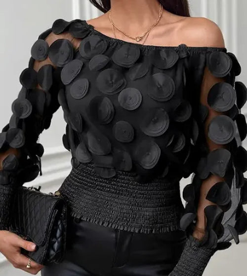 Applique Slant Shoulder Blouse, Elegant Long Sleeve Blouse For Spring