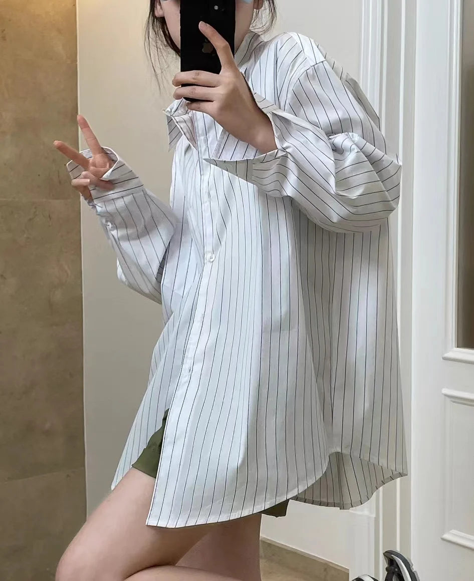Spring/Summer Women's Striped Polo Neck Long Sleeve Pocket Decoration