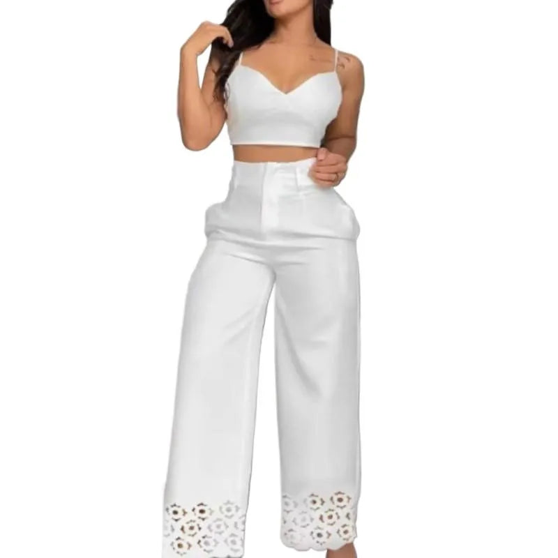 Summer Sexy 2 Piece Set Women V-Neck Strap Shirred Slim Crop Top &