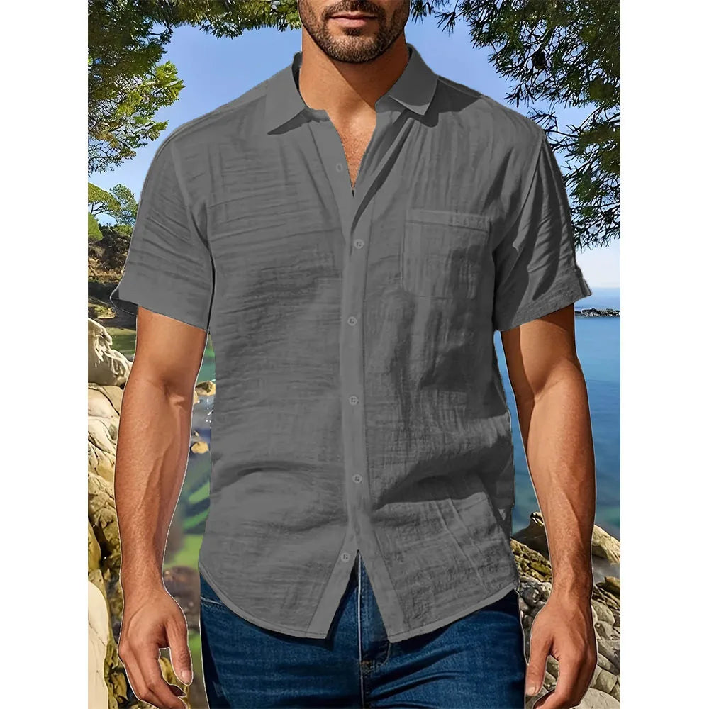 Summer New Men's Short Sleeve Shirt Cotton Linen Lightweight