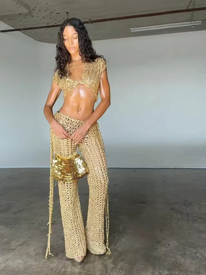 FAGADOER Sexy Hollow-out Sequin 2 Pieces Set for Woman Solid Deep