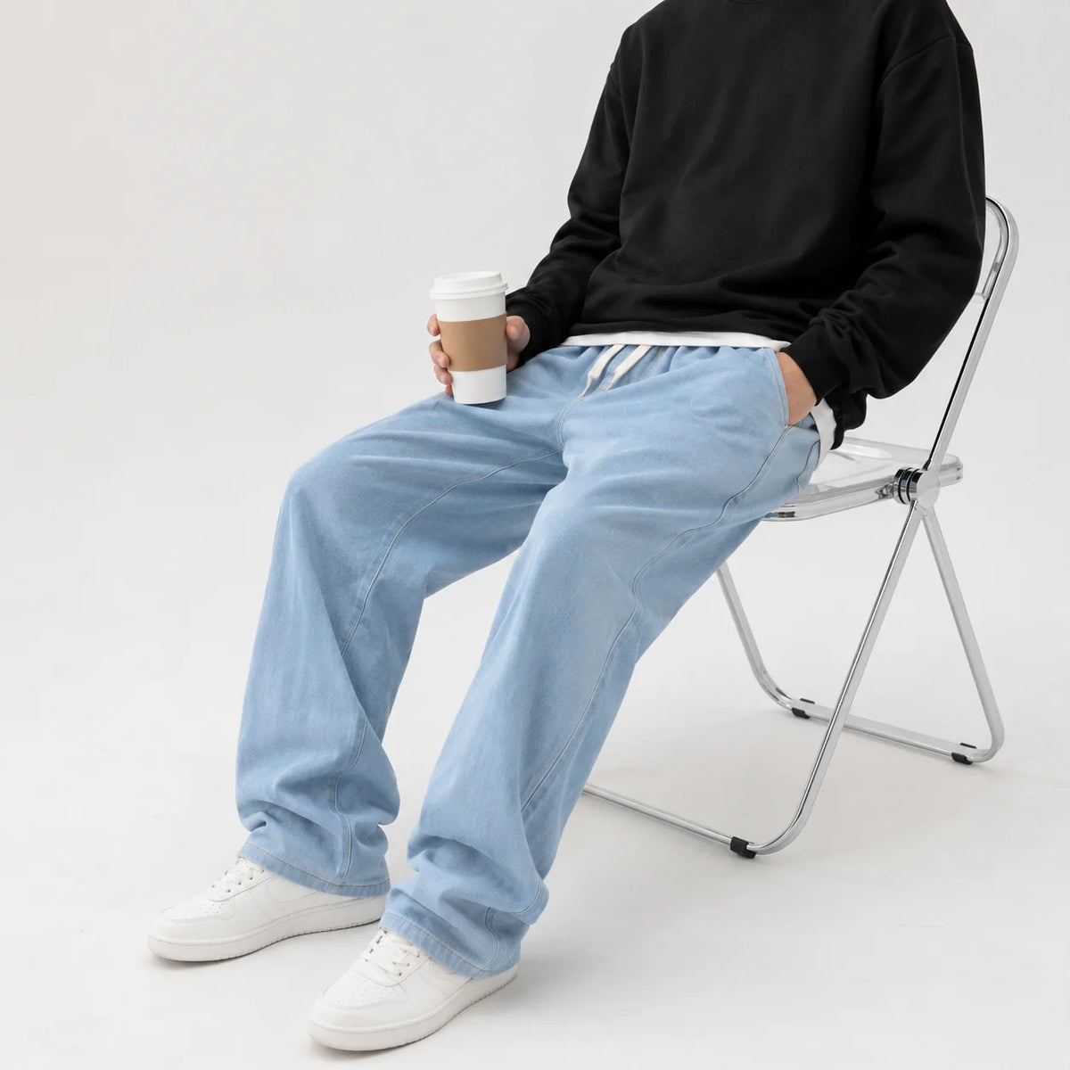 2026 Spring and Summer Men's Loose Jeans Elastic Waist Wide Leg Y2K