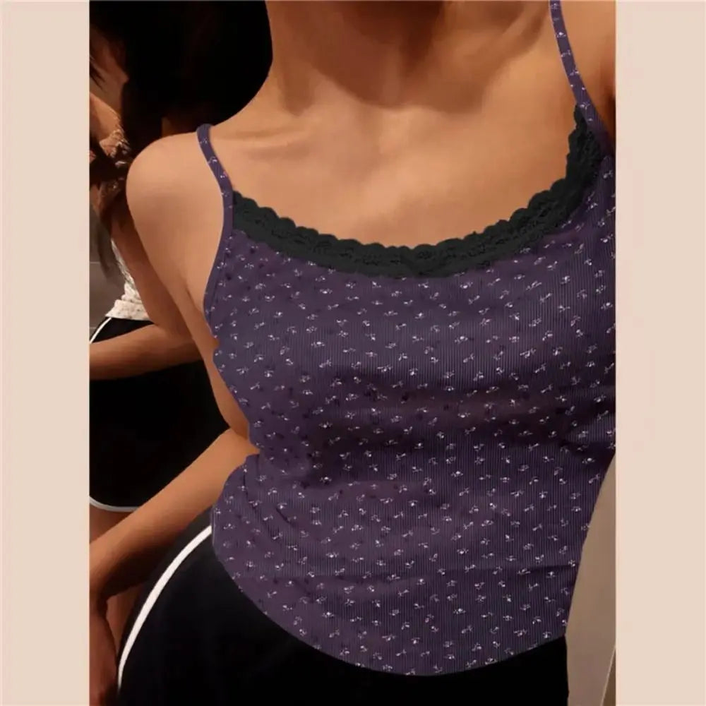 Elegant Lace Flower Print Camis 2024 Y2K Slim Sexy Vest Floral Tops