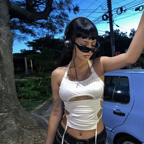 Y2K Sexy Backless Summer Crop Top Women Hollow Out 2025 White